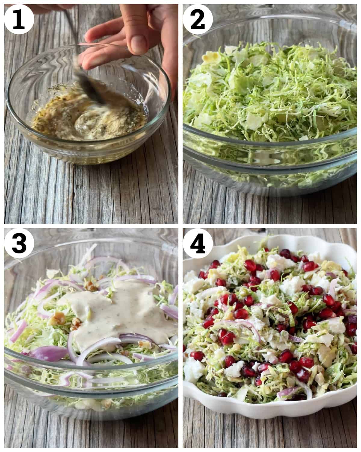 Make the dressing, shave the brussels sprouts and mix with onion, walnut and the dressing. Top with pomegranate and walnuts. 