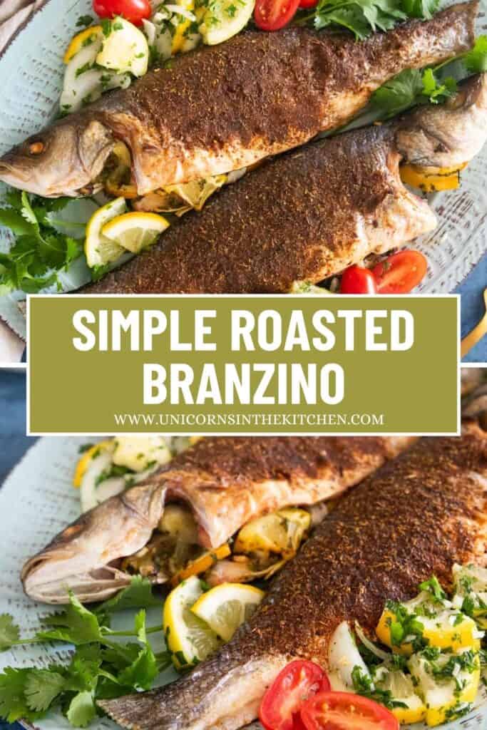 Roasted branzino with aromatics and spices! This simple branzino recipe comes together in no time and is perfect as a weeknight dinner or to impress your guests. Roasting a whole branzino is a lot easier than what you might think. The lemon adds a lot of flavor to the fish, you can serve it with rice, potatoes or a fresh salad. 
