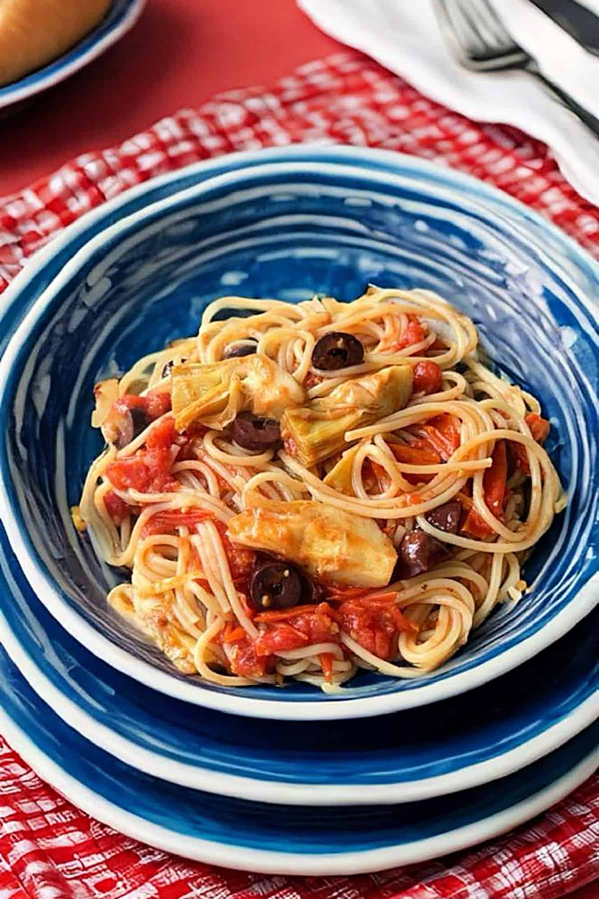 Front shot of Mediterranean pasta.