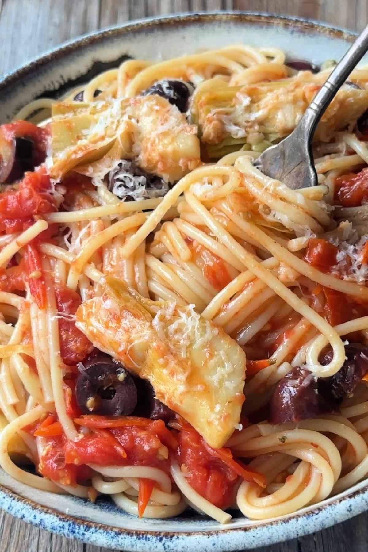 Close up shot of Mediterranean pasta.