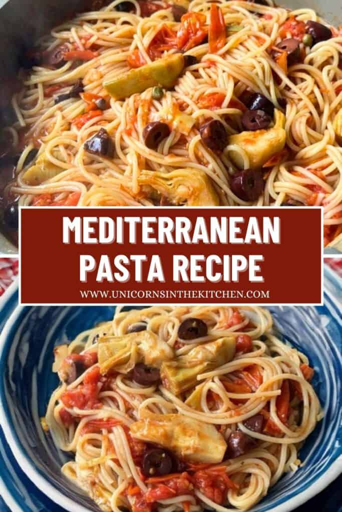 This Mediterranean pasta is simple and boasts a lot of flavor thanks to olives and artichokes. Ready in 30 minutes, the pasta is tossed in a cherry tomato sauce cooked with garlic and olive oil, making it creamy and so delicious. 