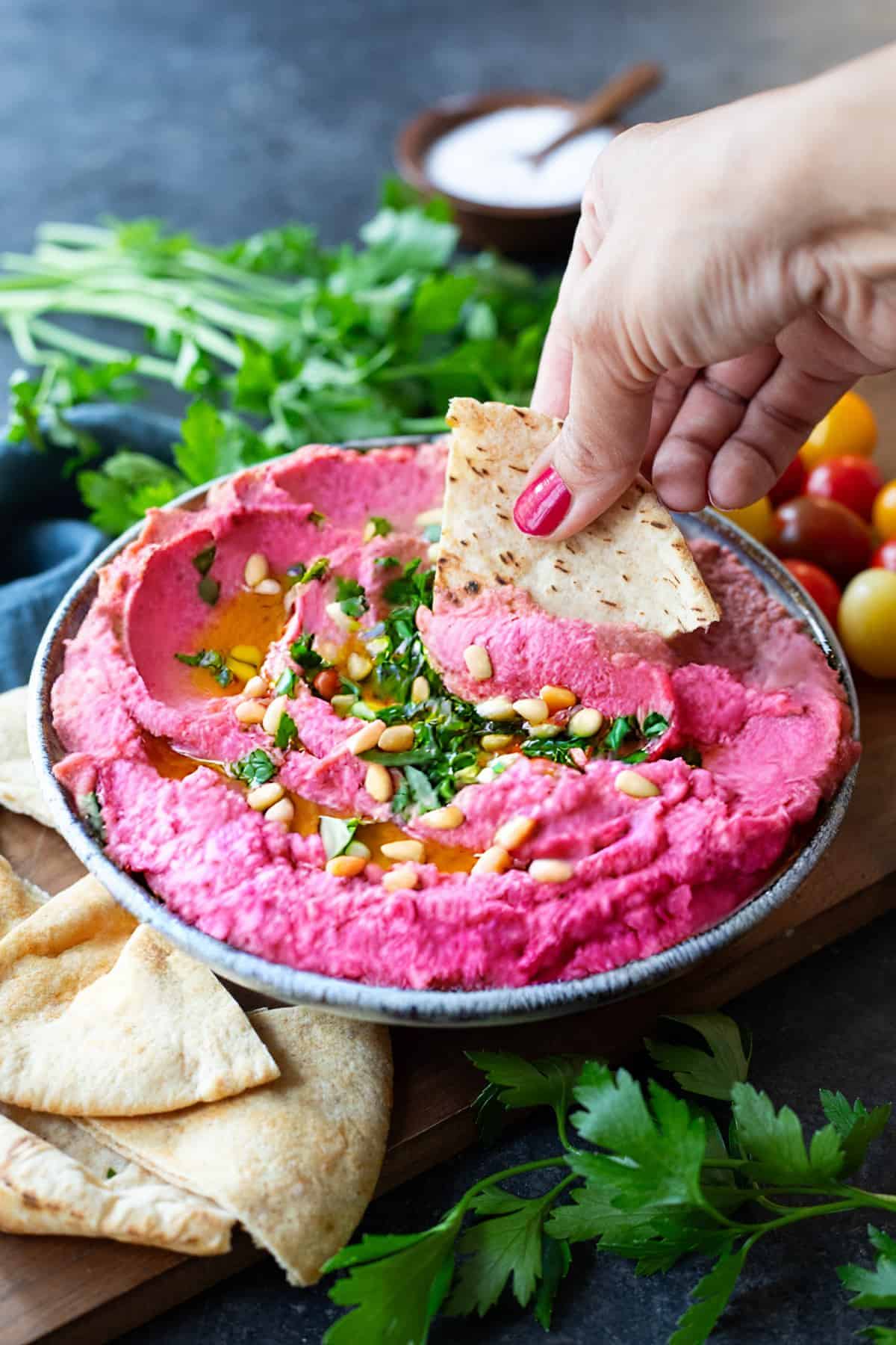 Front shot of beet hummus. 