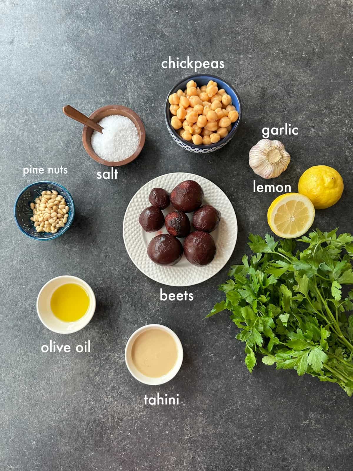 To make this recipe you need chickpeas, beet, lemon, tahini, olive oil and garlic. 