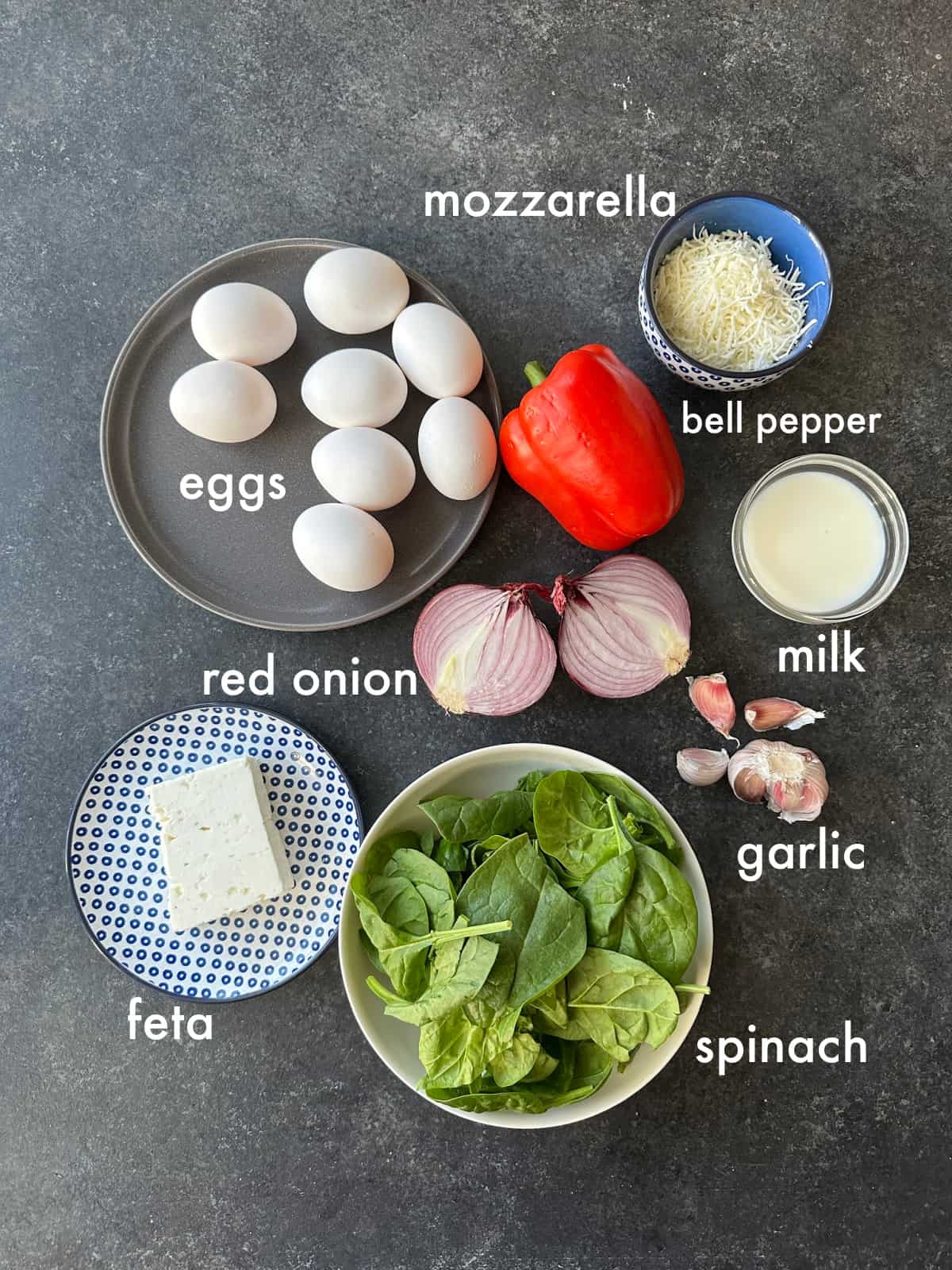 To make this recipe you need eggs, cheese, spinach, onion, peppers and milk.
