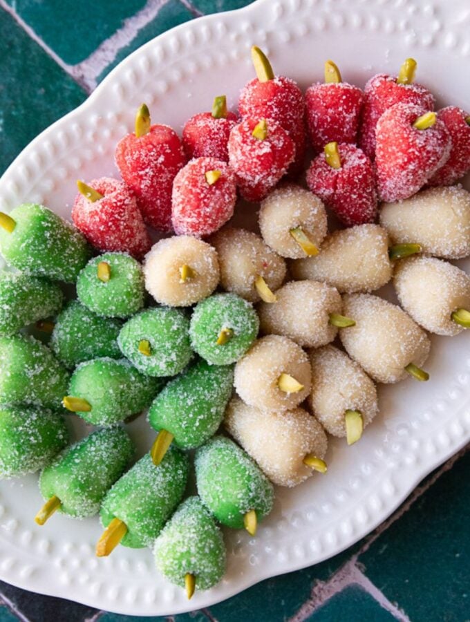 Toot is a traditional Persian no bake treat that's made for Nowruz (Persian New Year). It calls for only 3 ingredients and is ready in 10 minutes. The word toot means mulberry in Farsi, referring to the shape of these little vegan marzipans.