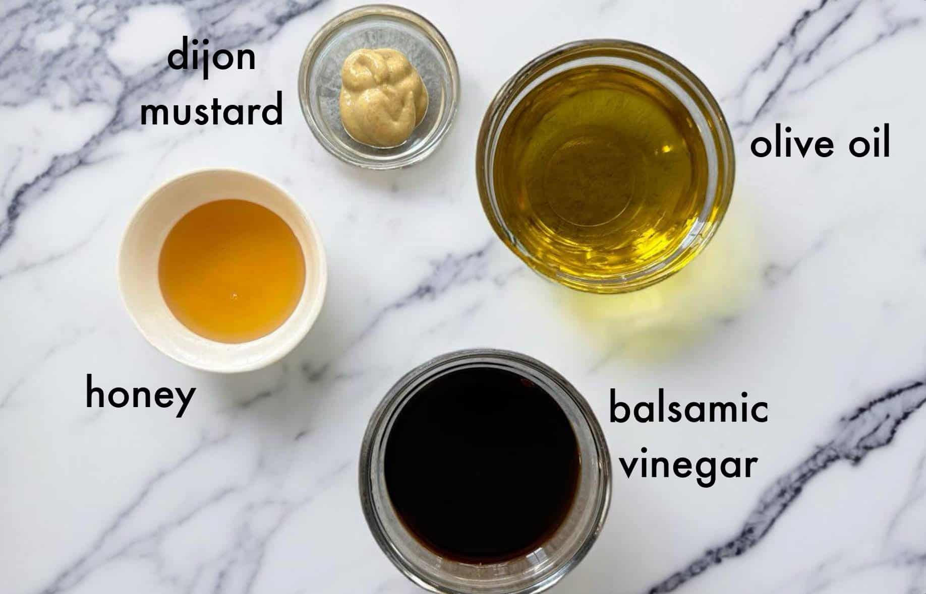 To make balsamic vinaigrette you need balsamic vinegar, dijon mustard, olive oil, honey, salt and pepper.
