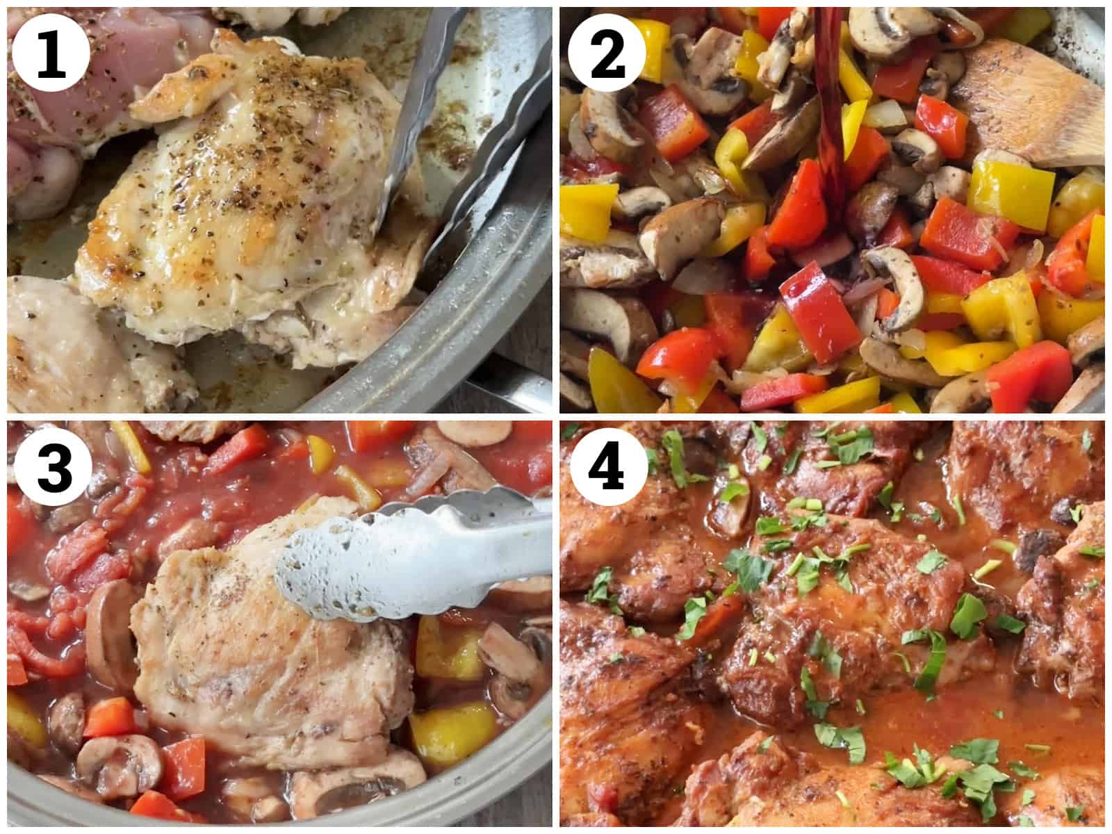 Sear the chicken, make the sauce and deglaze then add the chicken and cook.
