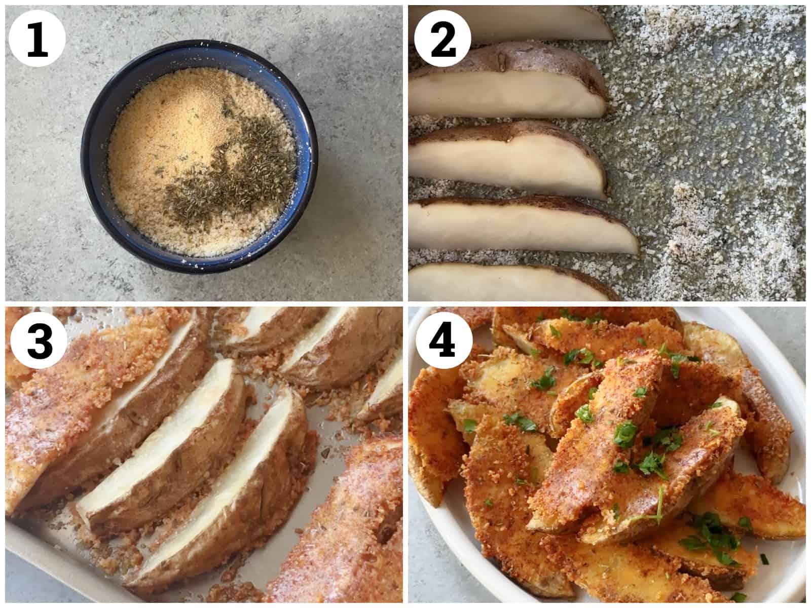 Season the parmesan, coat the baking sheet with olive oil and top with potatoes. Roast in the oven,