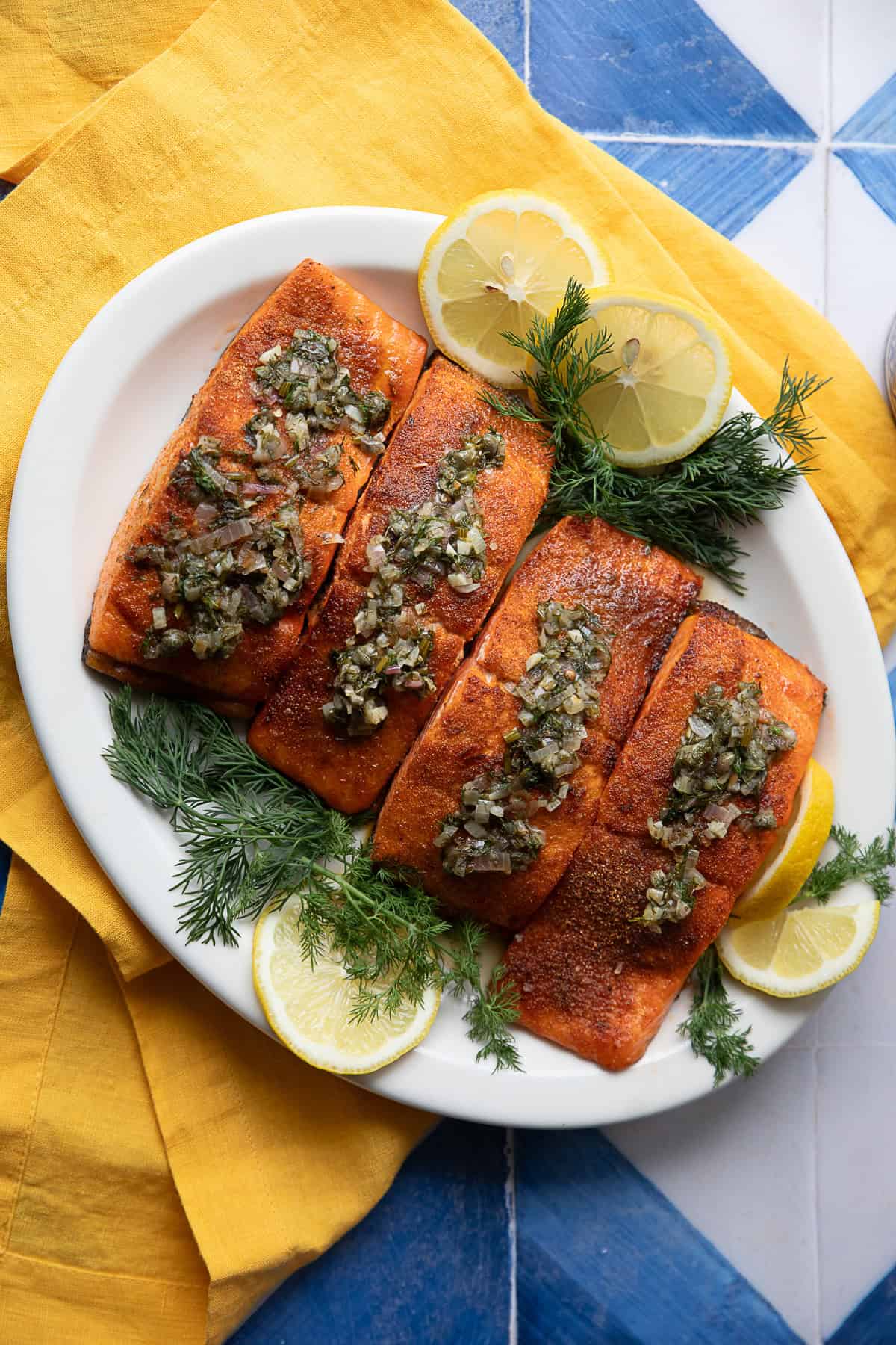 Overhead shot of 4 salmon fillets. 