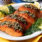 This quick and easy air fryer salmon recipe is ready in 10 minutes. The crispy salmon is served with a bright lemon dill sauce, making it extra delicious.