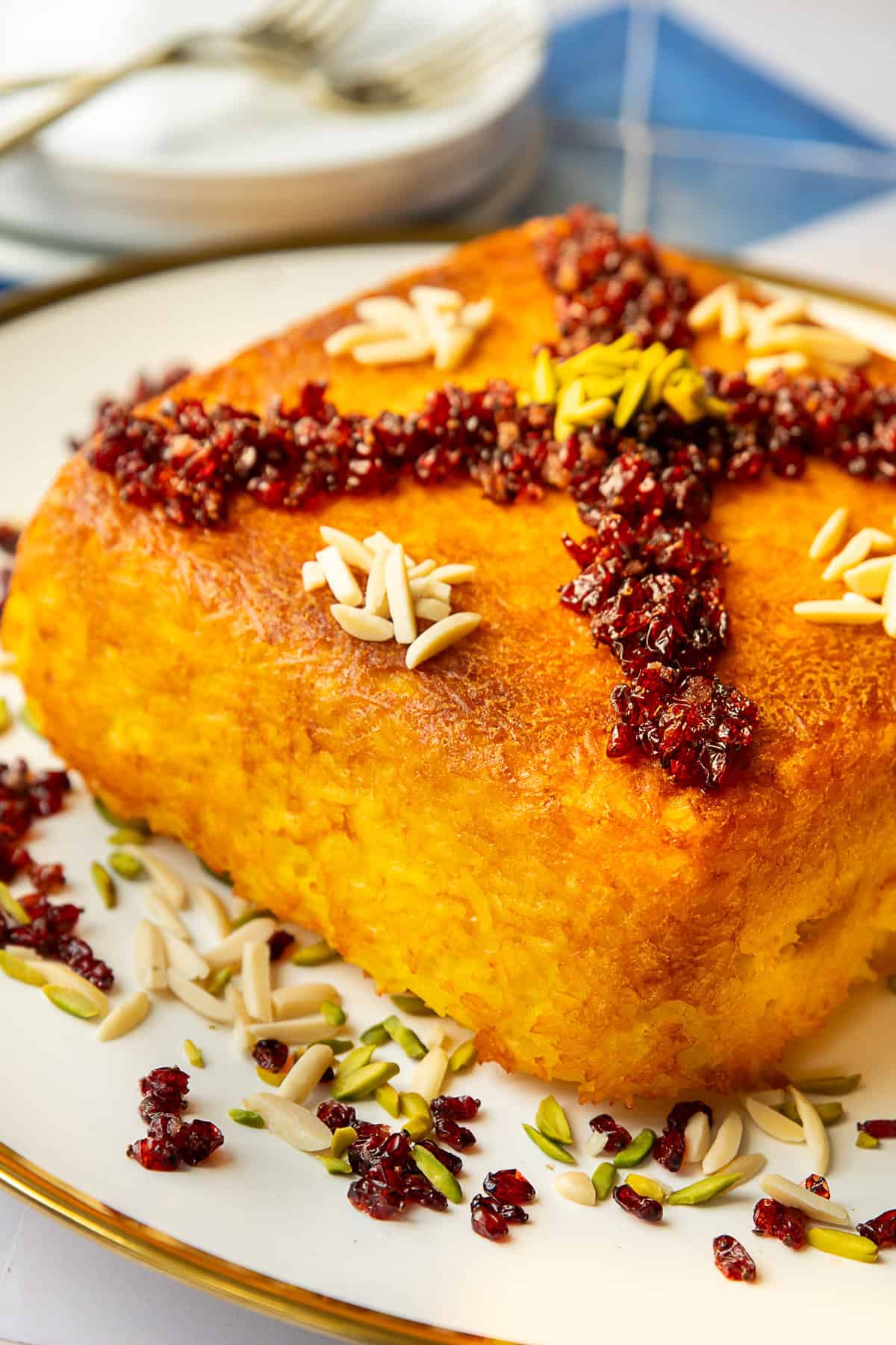 Front shot of Persian savory saffron rice cake. 