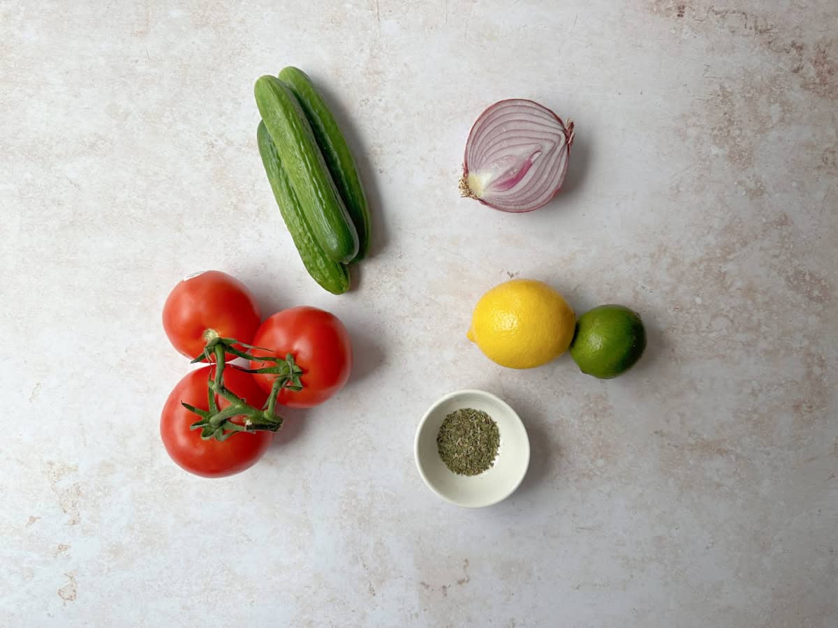 To make shirazi salad you need cucumbers, tomatoes, onion, dried mint, lemon and lime juice or verjuice. 