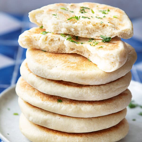 a stack of golden fluffy Bazlama Turkish flatbread