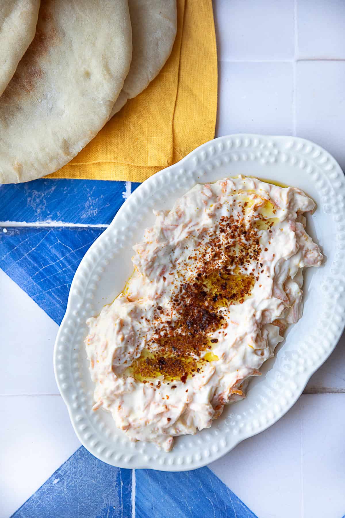 Turkish Carrot Salad classic Turkish carrot salad with yogurt in a white serving platter