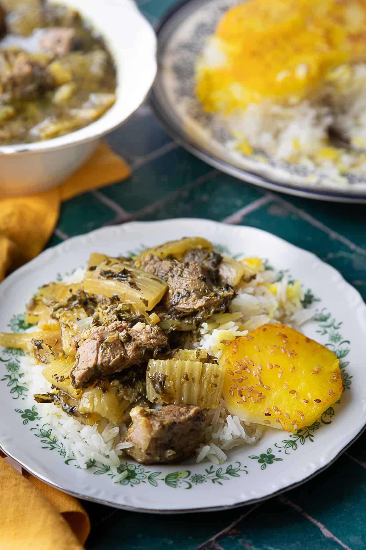 Khorsh karafts Persian celery stew served with rice. 