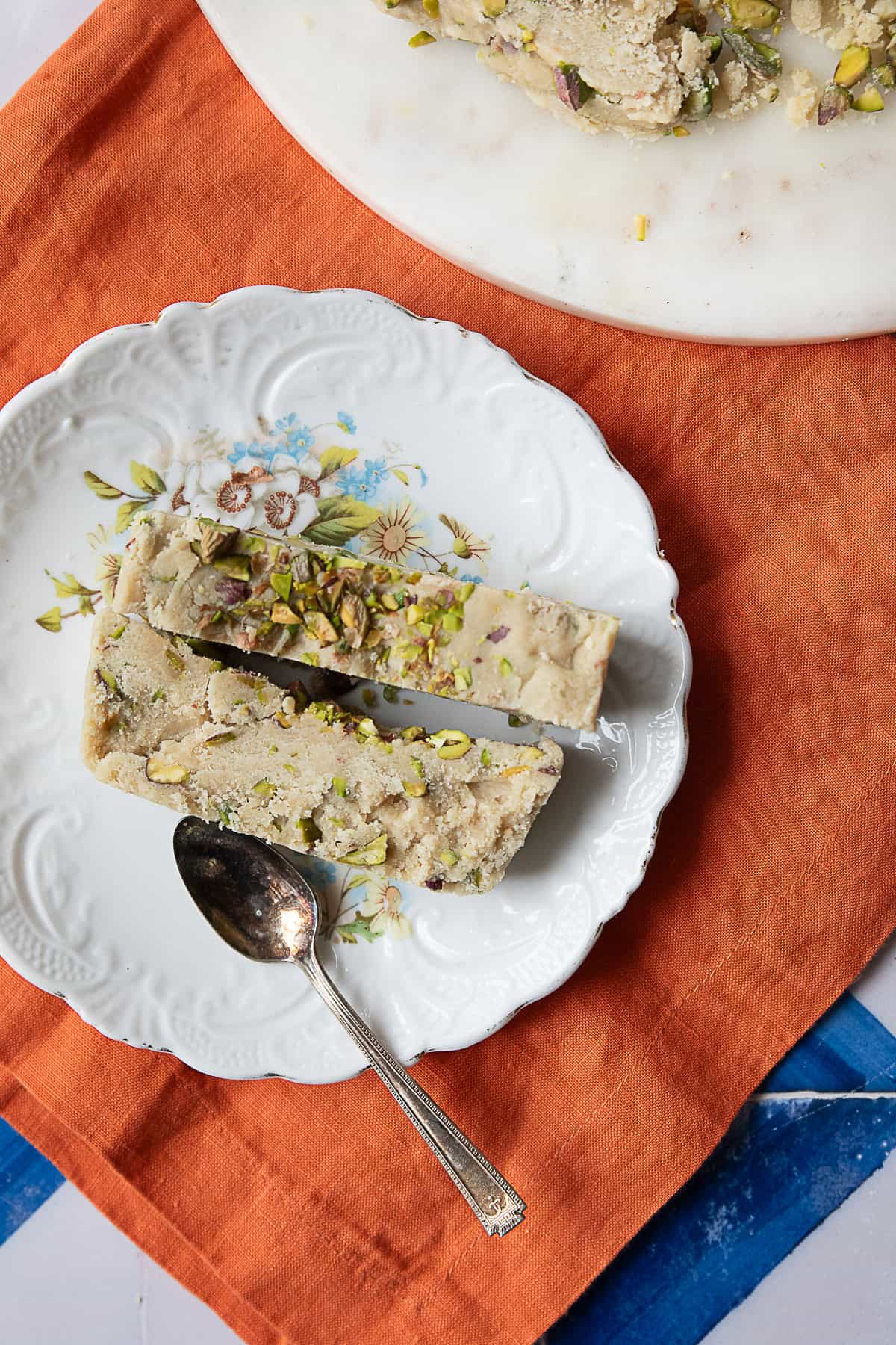 Easy Tahini Halva (Halawa) tahini halva pieces served up in a white plate