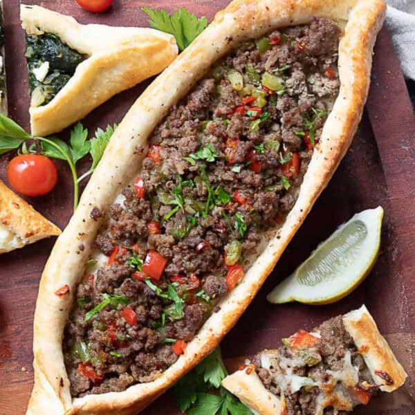 Turkish pide with different toppings.