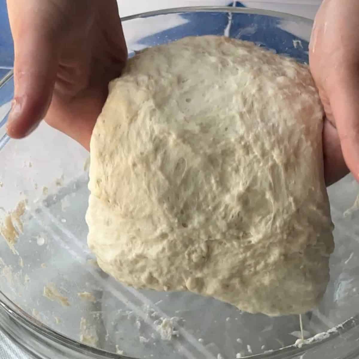 Ciabatta dough in a mixing bowl, showcasing its sticky, high-hydration consistency with visible bubbles and signs of the stretch-and-fold technique used to create its airy, open crumb structure.