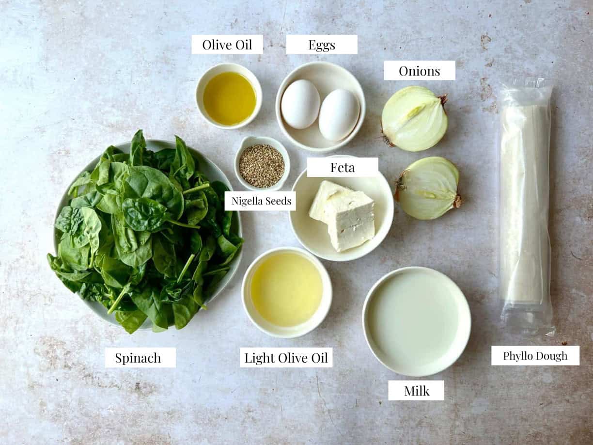 Spinach Feta Cheese Borek Ingredients Spinach and feta borek ingredients in a white background