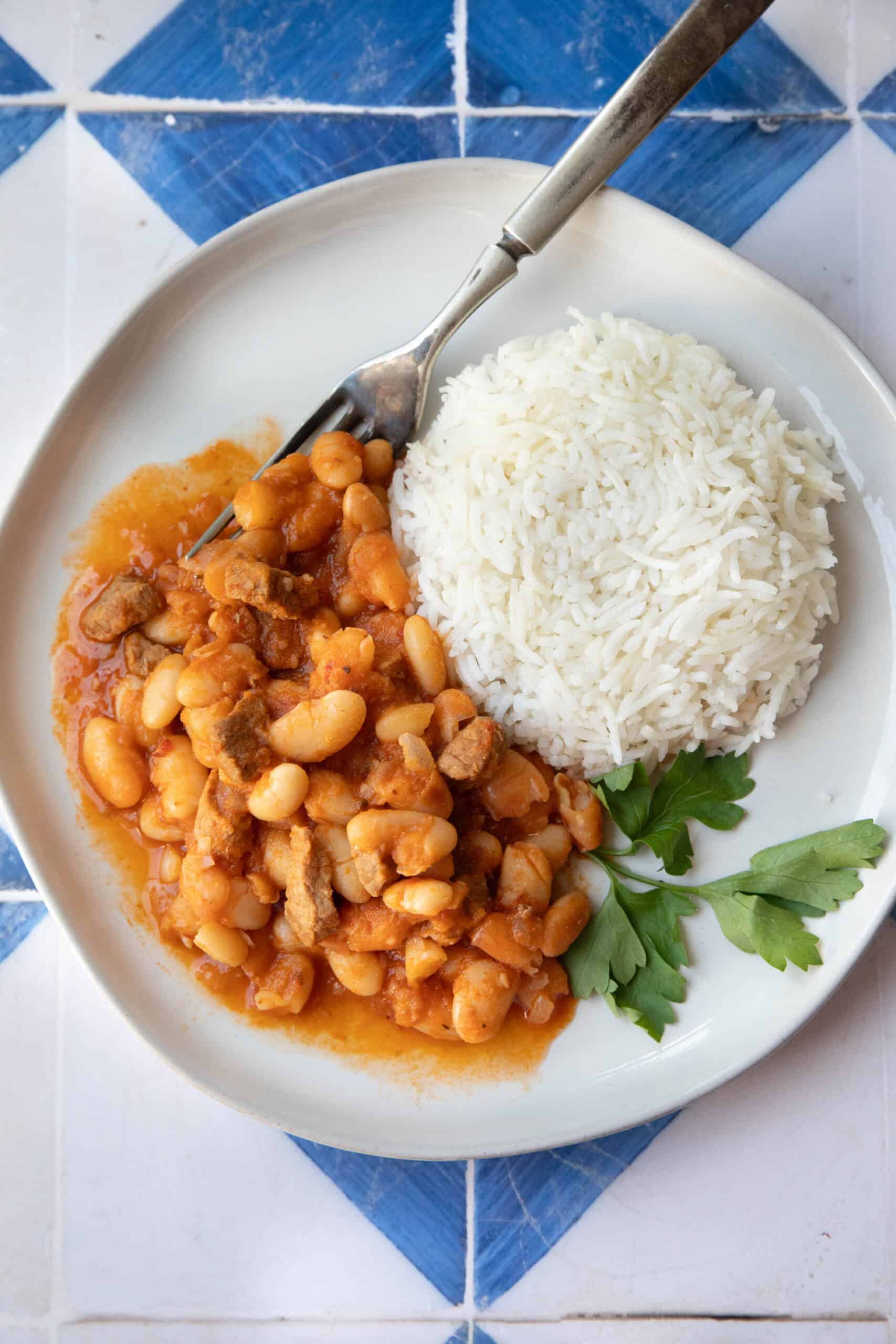 Traditional Kuru Fasulye overhead shot of kuru fasulye Turkish white bean stew on a plate with rice.