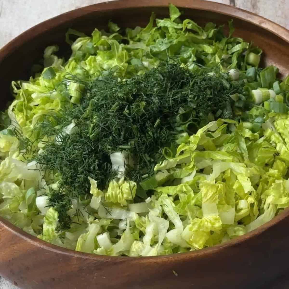 Fresh Maroulosalata A large bowl of Maroulosalata featuring finely chopped lettuce, green onions, and dill.