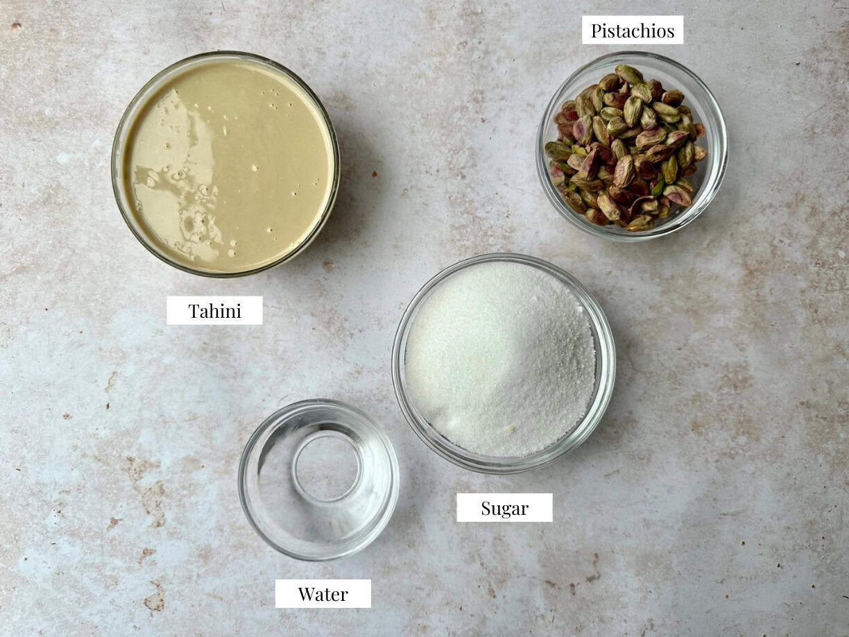 Tahini Halva Ingredients tahini halva ingredients including sesame paste (tahini), sugar, water, and pistachios
