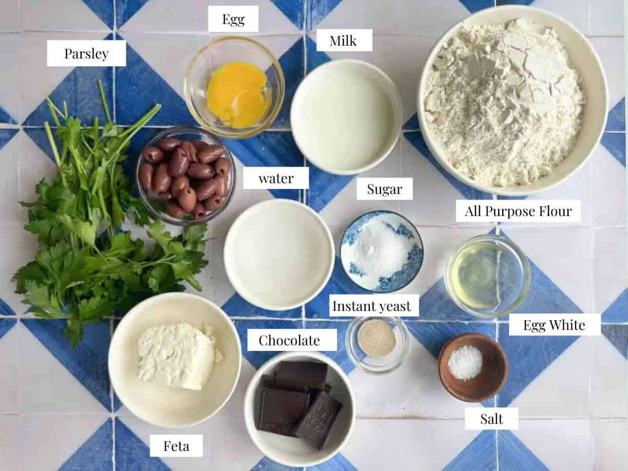 Simple Pogaca Bread Pocaga Ingredients on a white blue background