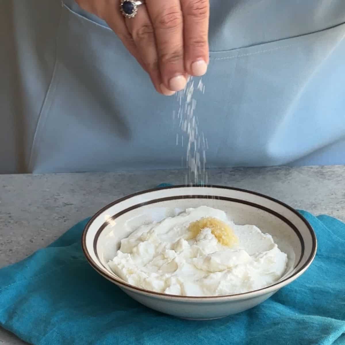 Borani Kadoo Yogurt Base add garlic and salt to yogurt and mix to create yogurt base for borani kadoo