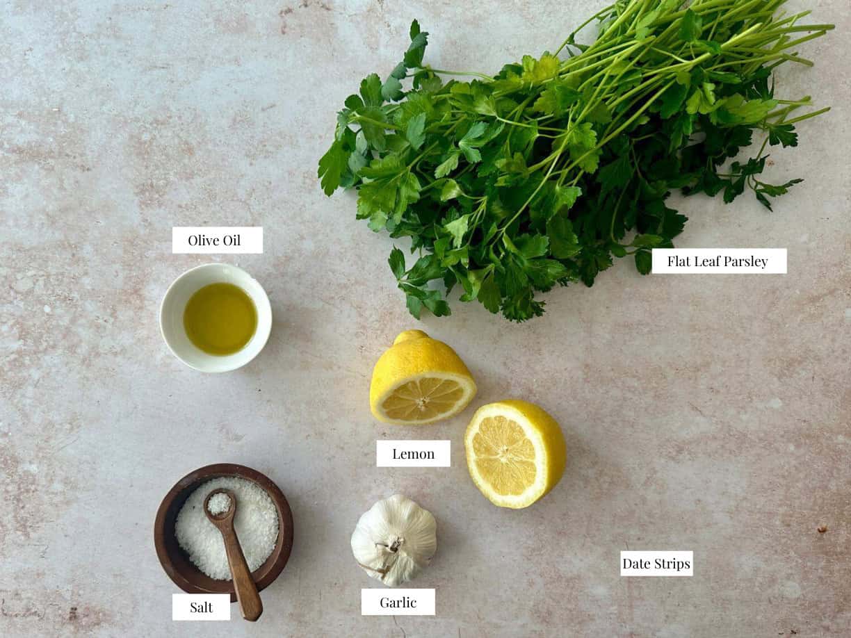 Gremolata Ingredients gremolata ingredients: parsley, lemon, salt, garlic, and olive oil