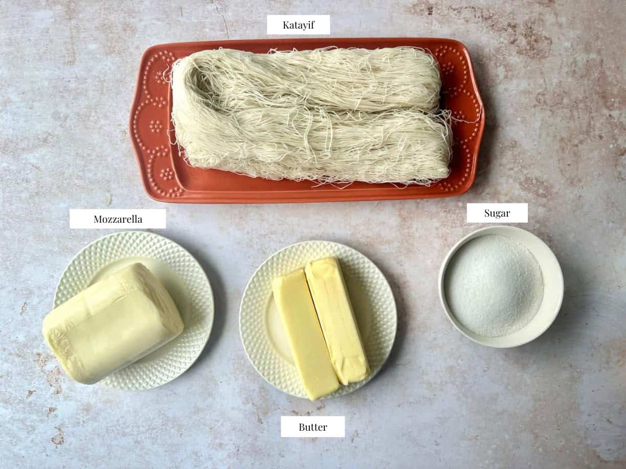 kunafa ingredients: katayif, butter, sugar, and mozzarella cheese.