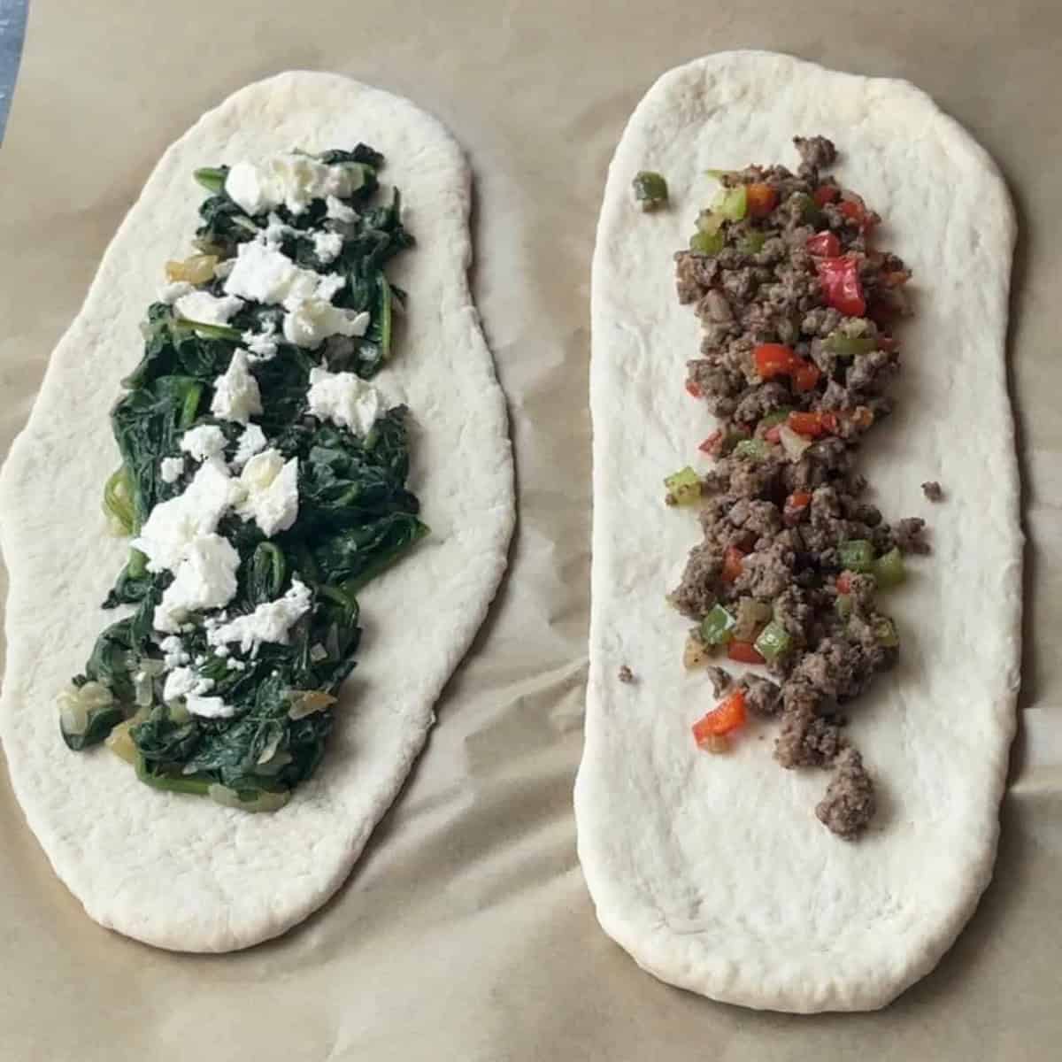 Steps To Make Turkish Pide two pide flatbread one with beef filling and the other with spinach and feta filling