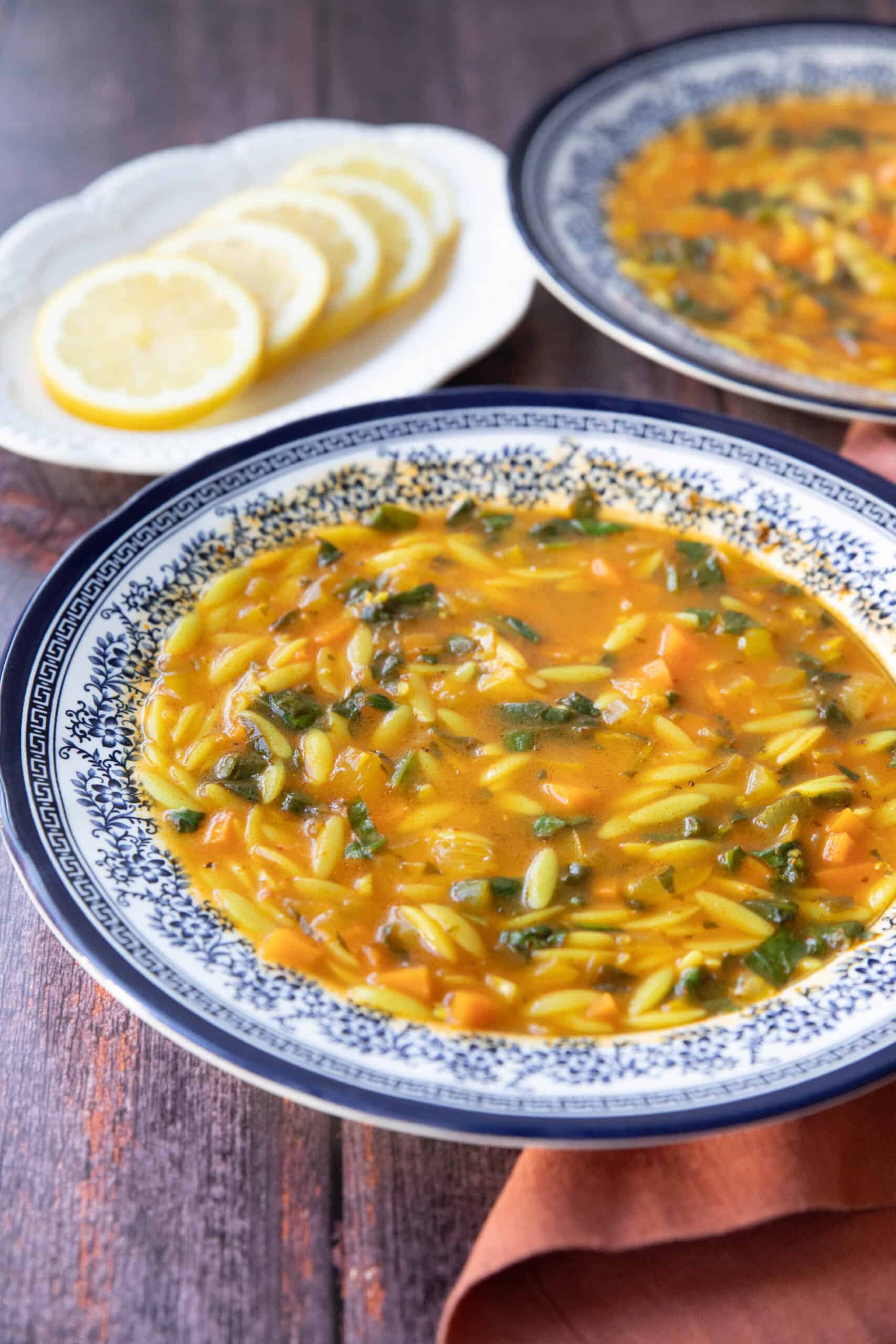 Close-up of a steaming bowl of hearty vegetable orzo soup, ready to serve.