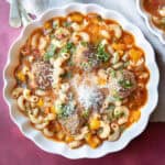 Hearty Italian meatball soup in a bowl.