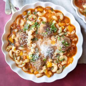 Hearty Italian meatball soup in a bowl.