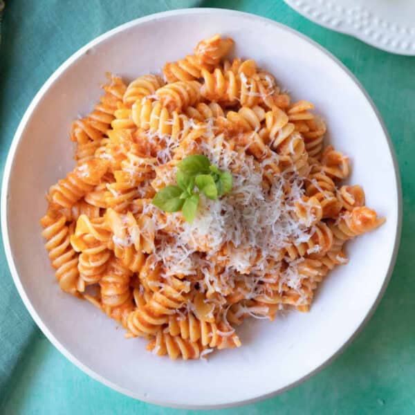 Close-up of rigatoni pasta with creamy red pepper sauce on a white dish