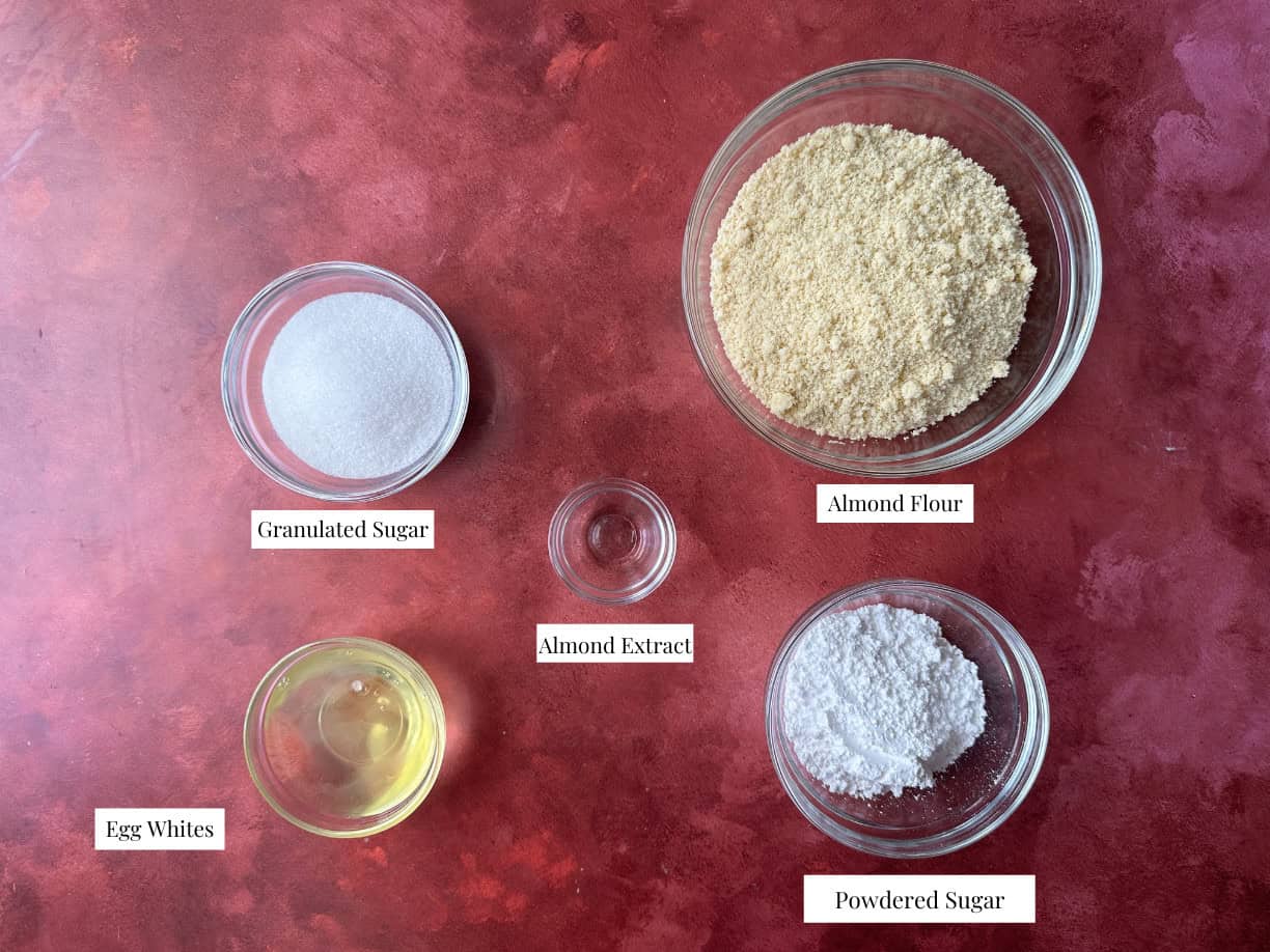 Amaretti Cookies Ingredients amaretti cookies ingredients including almond flour, powdered sugar, granulated sugar, almond extract, and egg whites