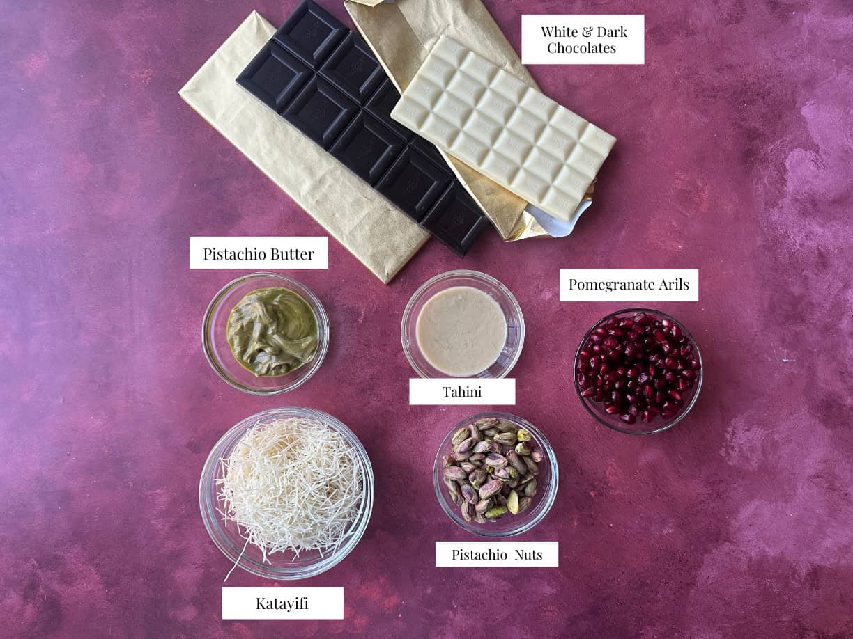 Dark Chocolate Bark Ingredients An image showing the ingredients of pomegranate chocolate bark.