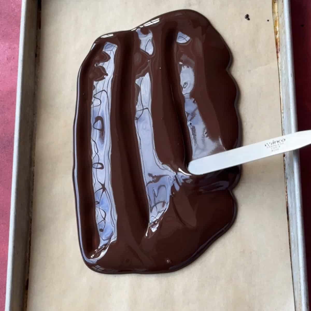 spreading melted dark chocolate evenly on parchment paper.
