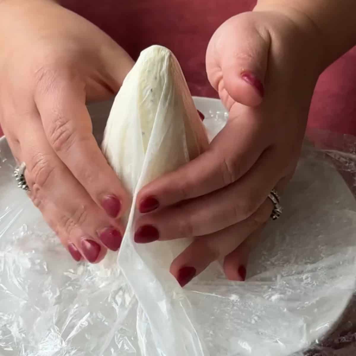 How to Make Christmas Cheese Ball once cone shape is formed remove plastic wrap