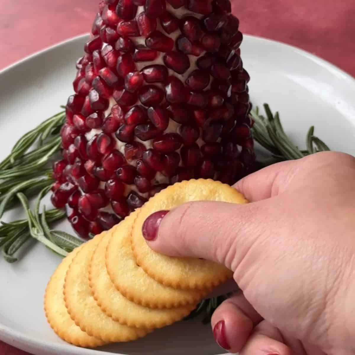 How to Make Christmas Tree Cheese Ball add your favorite crackers or bread to the platter with the Christmas tree cheese ball