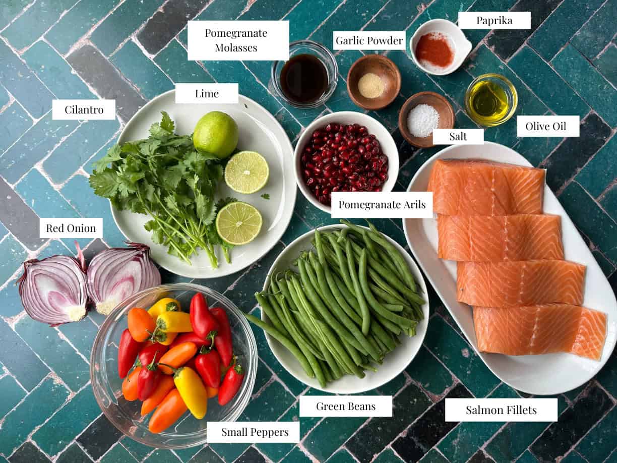 sheet pan salmon and pomegranate salsa ingredients including salmon fillets, pomegranate arils, oil, lemon, cilantro, peppers, green beans, and red onions