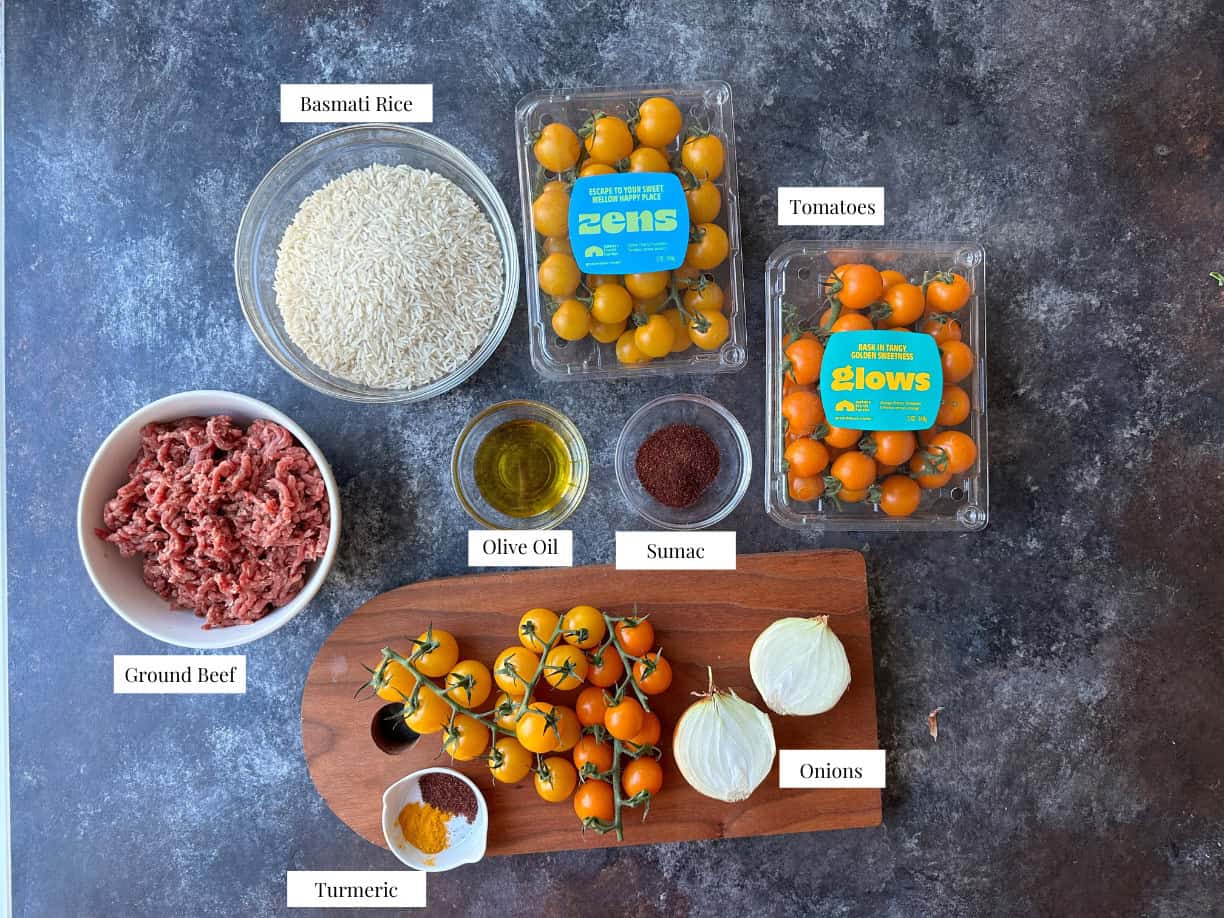 to make sumac polo you need rice, beef, spices, onion, sumac and tomatoes.