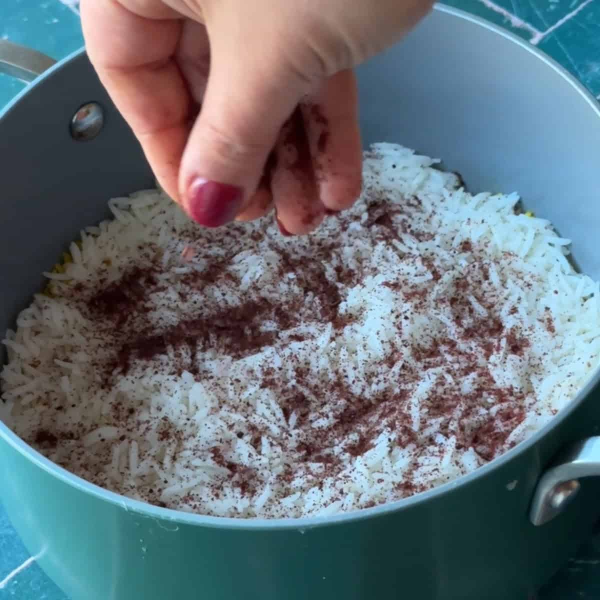Add rice to the pot and top with sumac.