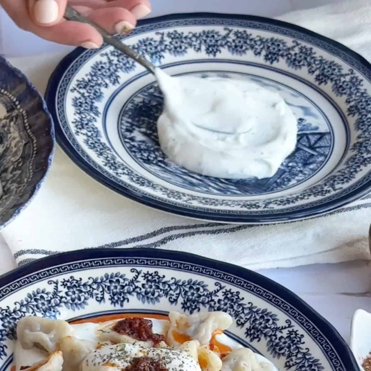 A serving plate with a layer of creamy garlicky yogurt spread as the base with a spoon