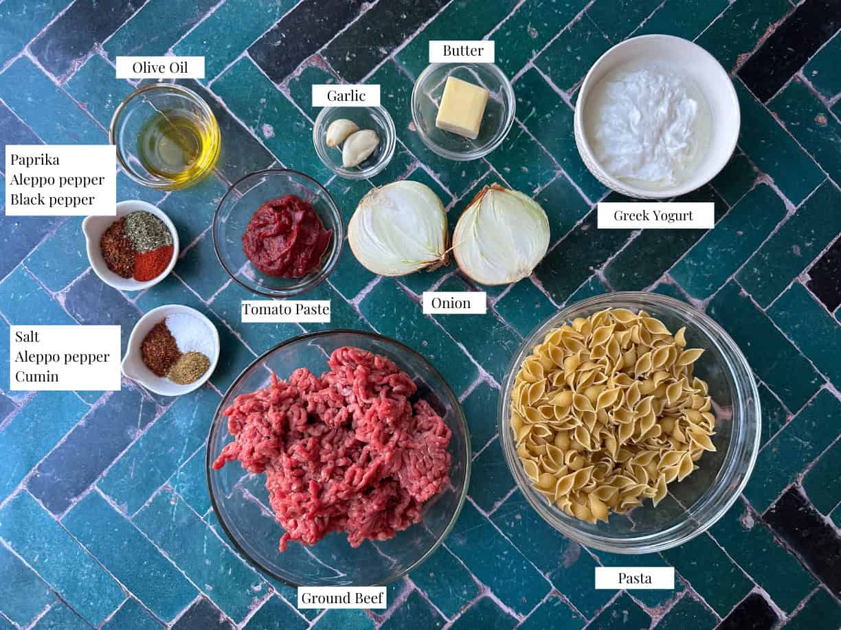 Turkish Pasta Ingredients Ingredients for Turkish pasta, including dry pasta, ground beef, onion, garlic, tomato paste, Aleppo pepper, cumin, black pepper, salt, olive oil, Greek yogurt, butter, dried mint, paprika, and cherry tomatoes, arranged on a blue surface.