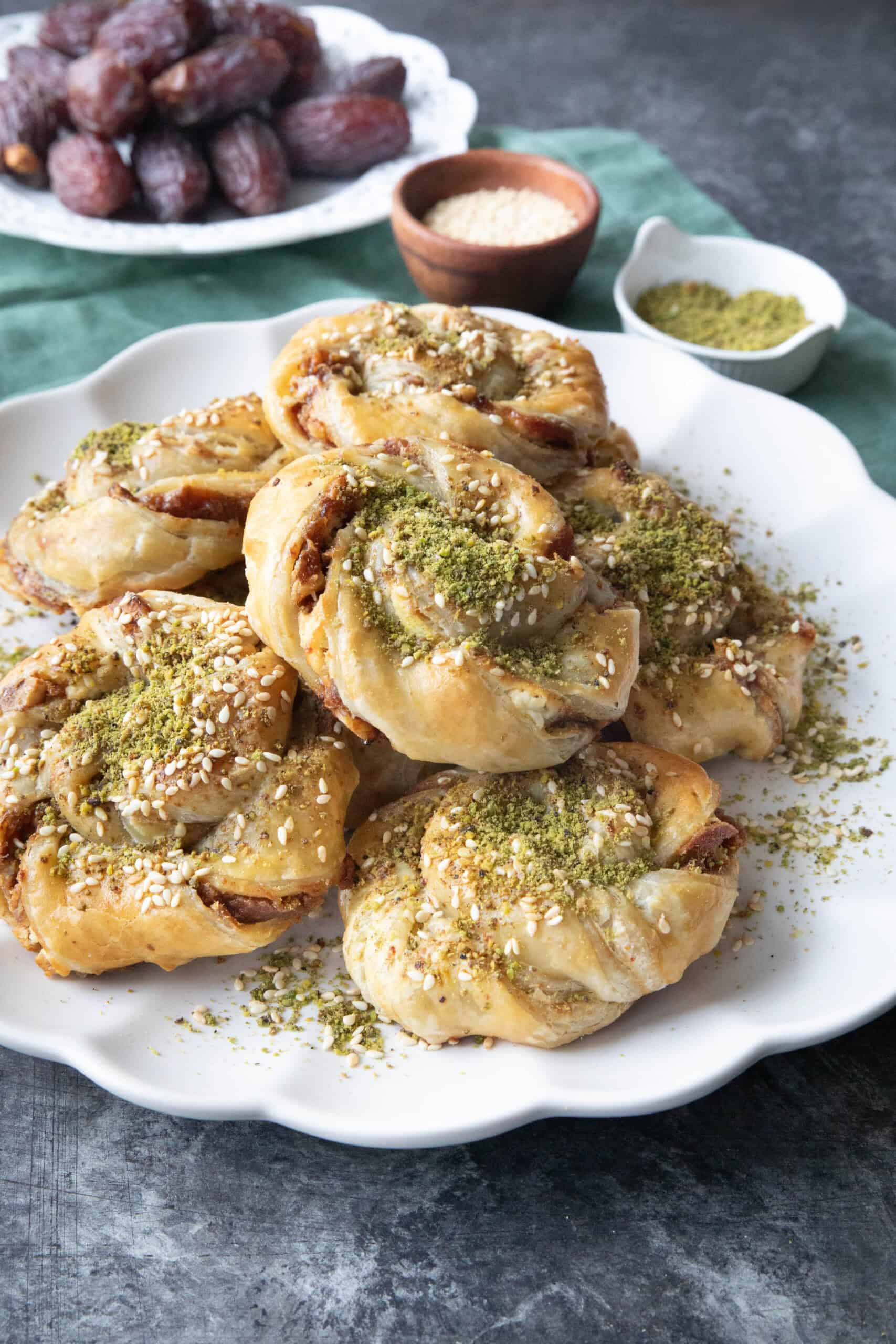 Front shot of puff pastry twists with dates