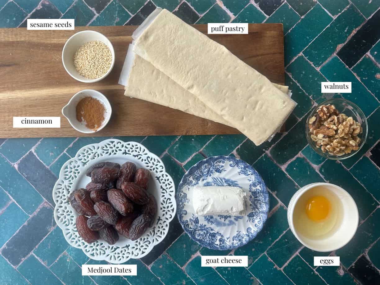 To make puff pastry twist you need puff pastry, date, walnut, goat cheese and egg