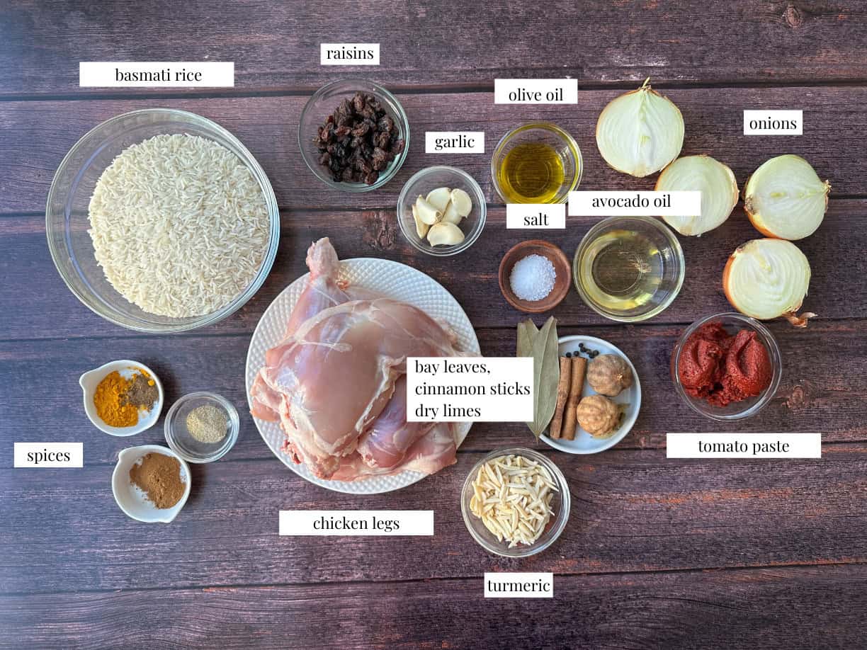 Machboos Ingredients To make machboos you need chicken, rice, spices, dried lime, onion, tomato paste and oil.