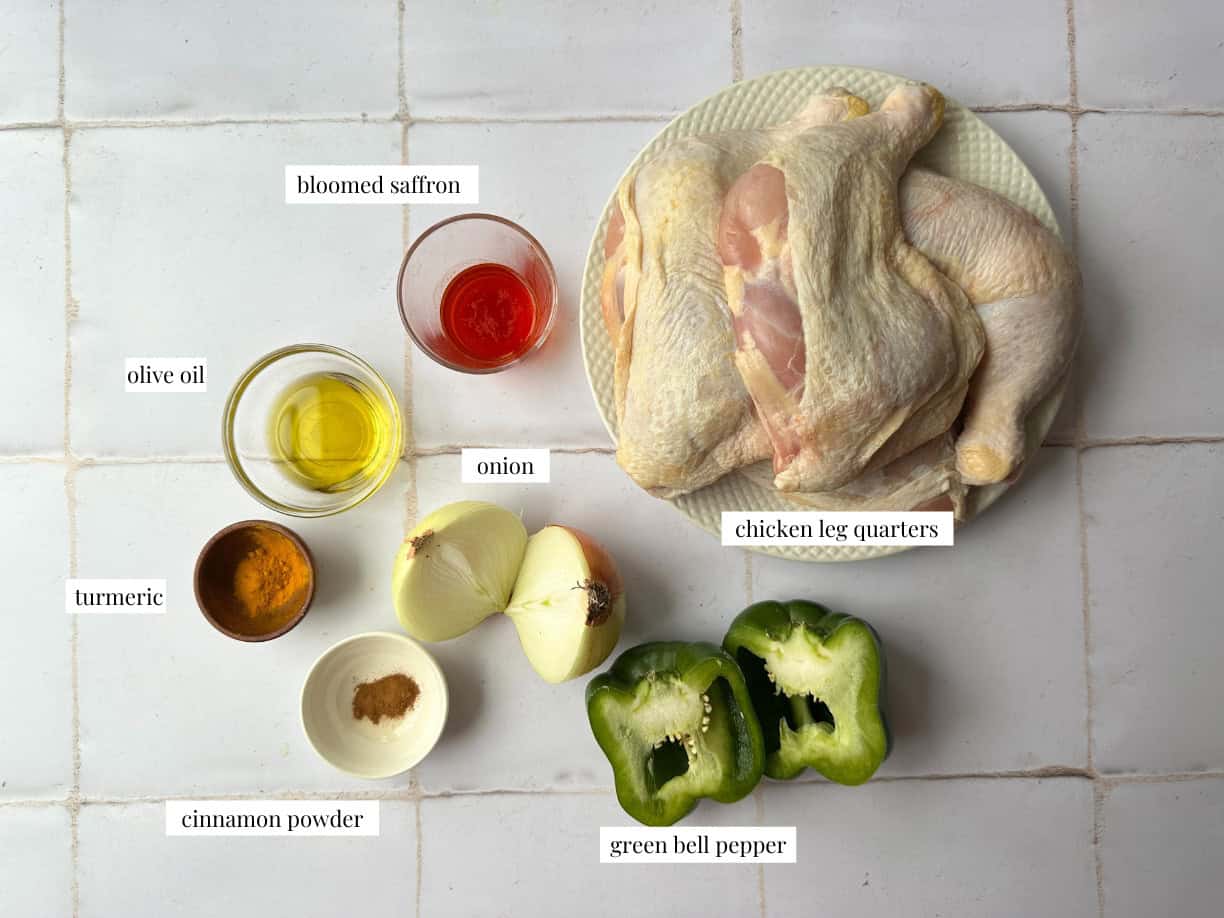 Saffron Chicken Ingredients saffron chicken ingredients: chicken leg quarters, bloomed saffron, olive oil, bell pepper, onion, cinnamon powder, and turmeric