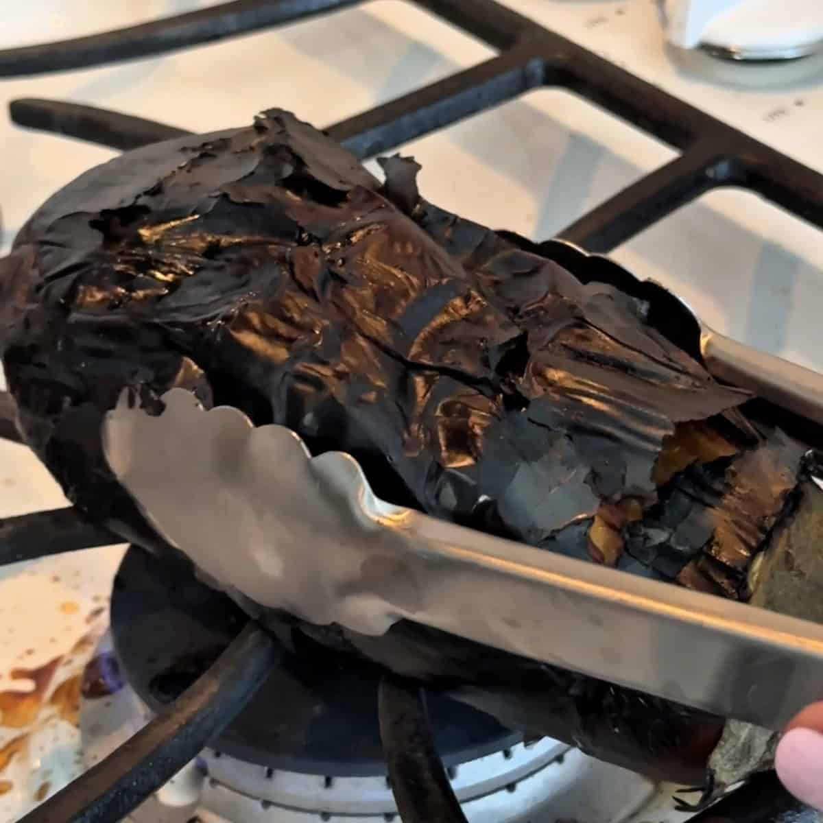 an eggplant charred on the gass burner